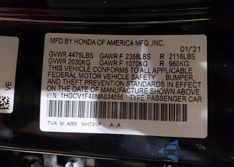 2021 Honda Accord Sport Special Edition from USA, damaged, VIN 1HGCV1F48MA034056